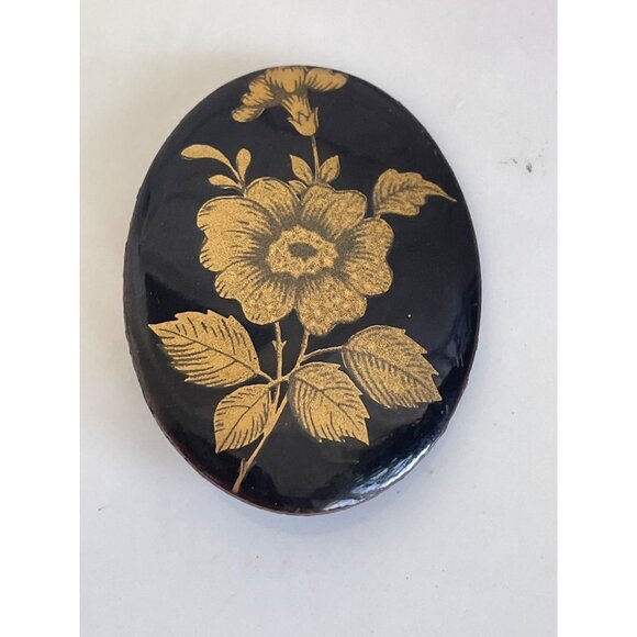 Vintage 1950s Black Enamel Copper Brooch With Gold Flower - Picture 5 of 6